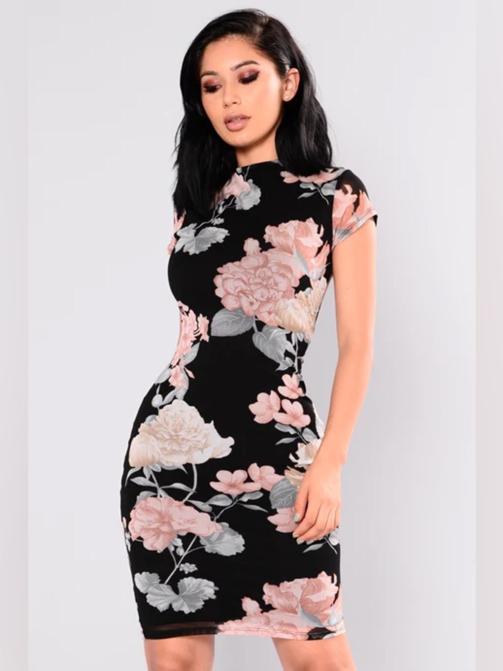 Fashion Nova Black Midi Dress with Pink & Cream Floral Print